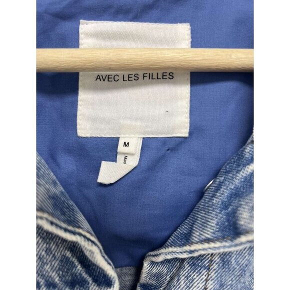 Avec Les Filles Denim Combo Trucker Jacket Size Medium Floral Patchwork Blue - Picture 6 of 10